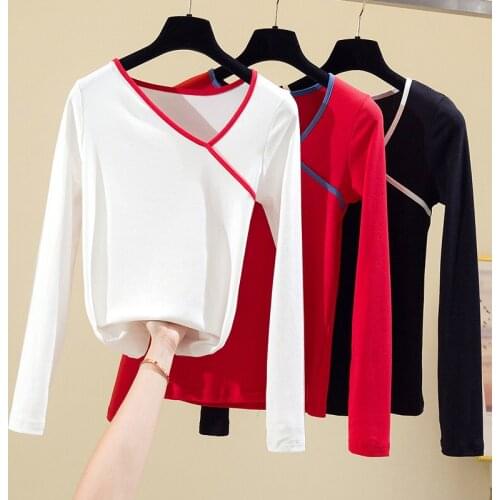 2021 Spring Fall Womens Tshirt Patchwork Long Sleeve V-Neck Cotton Slim Tops Ladies Fashion T shirt Red White Black clothing