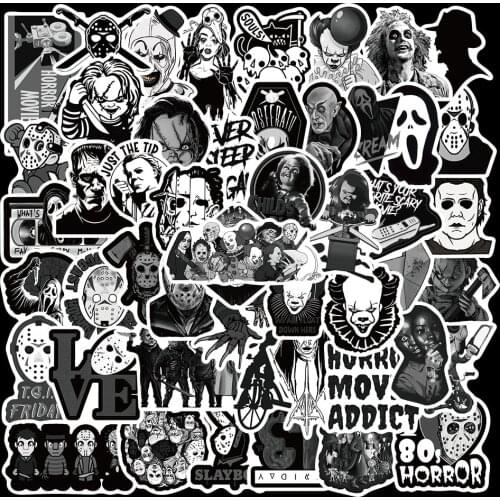 50pcs Black And White Horror Movie Graffiti Stickers For Notebook Luggage Skateboard Aesthetic Film Decals Sticker Children toys