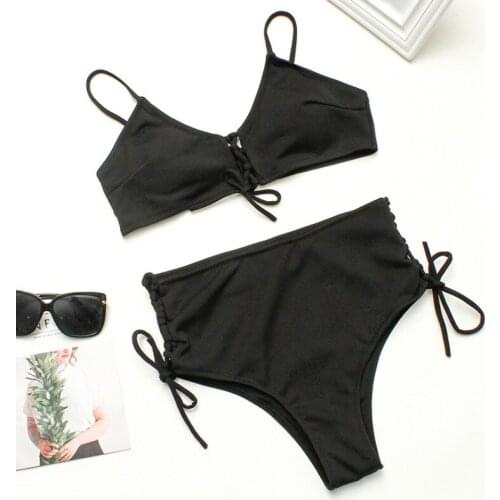 Bikini Women Bandage Swimsuit 2019 Solid Color Swimwear Push-up Padded Bra Bikini Set High Waist Summer Swimming Costumes