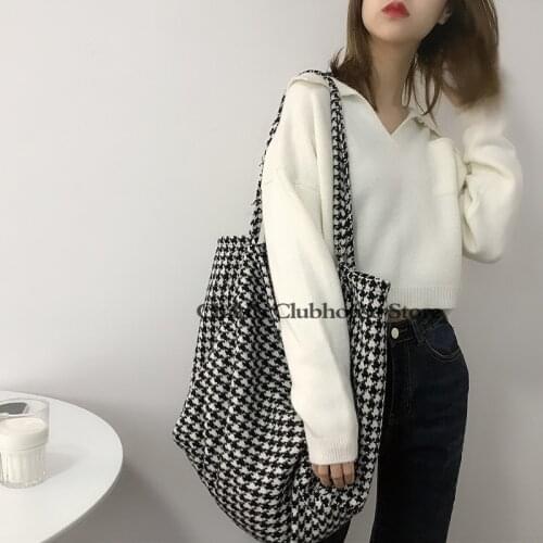 Large Women Woolen Canvas Bags Houndstooth Pattern Design Female Big Tote Handbag Casual Shoulder Shopping Diaper Bag For Ladies