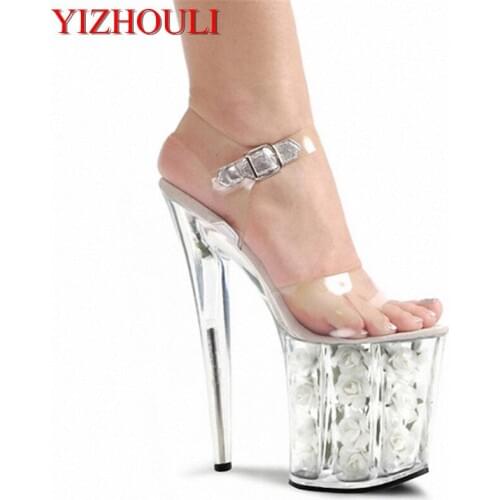 20cm sexy bottom high heels lady fashion clear sandals 8 inch white flowers for wedding dress Crystal shoes
