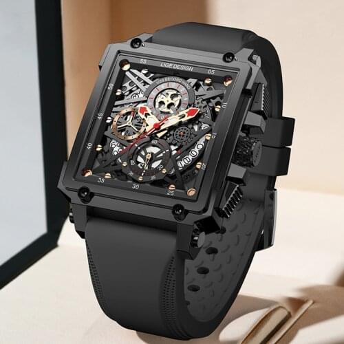 LIGE 2021 New Mens Watches Top Brand Luxury Waterproof Quartz Square Watch For Men Date Sport Hollow Clock Male+Box Reloj Hombre