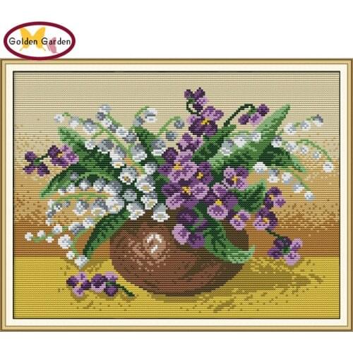 GG Lily of the Valley Vase Counted Cross Stitch Kit 11CT 14CT Joy Sunday Cross Stitch Embroidery Needlework Set for Home Decor