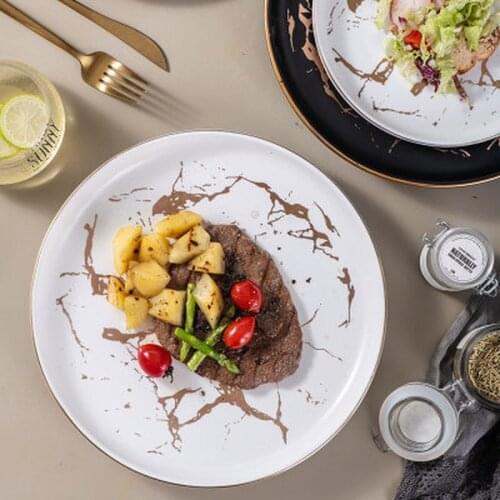 Ceramic 8inch Plate Tableware Round Black Marbing Household Nordic Restaurant Matte Phnom Penh Steak Shallow Dish Dinnerware