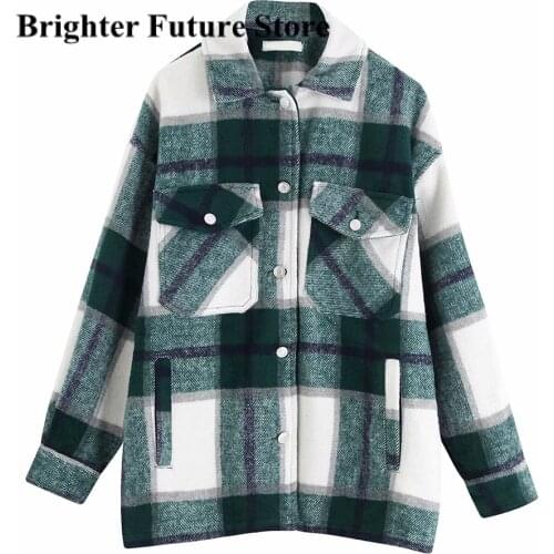 Women Oversized Plaid Jacket Fashion Jacket Hoddies Checkered Printed Coat Vintage Long Sleeve Pocket Female Outerwear Chic Tops
