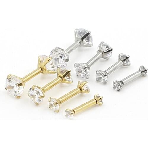 Medical titanium steel double Clear Round CZ Earrings Ear hypoallergenic earring nail Staright Eyebrow Ring