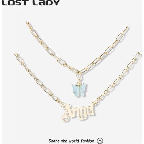 Lost Lady Fashion Butterfly Letter Pendant Necklace For Women Double Layer Alloy Necklace Wholesale Jewelry Party Wedding Gifts
