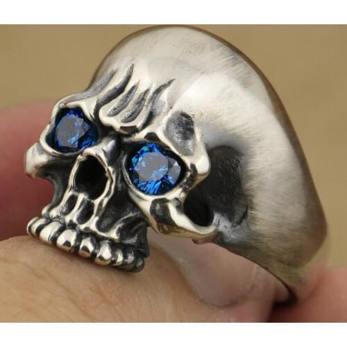 Mens Biker Rock Punk Handmade 925 Sterling Silver Blue CZ Eyes Skull Ring TA61 US Size 7~15