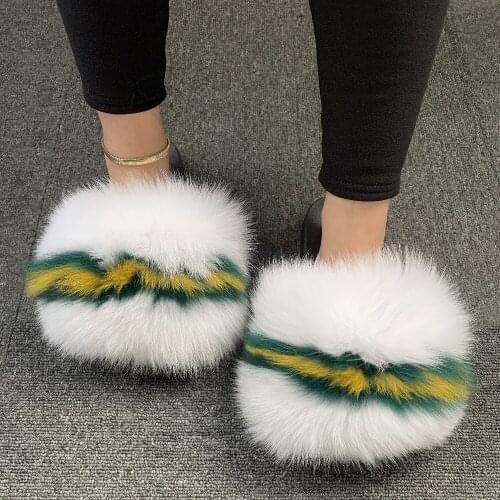 New Female Casual Beach Flip Flops Ladies Fluffy Furry Slides Colorful Soft Plush Shoes Womens Fox Fur Slippers Luxury Sandals