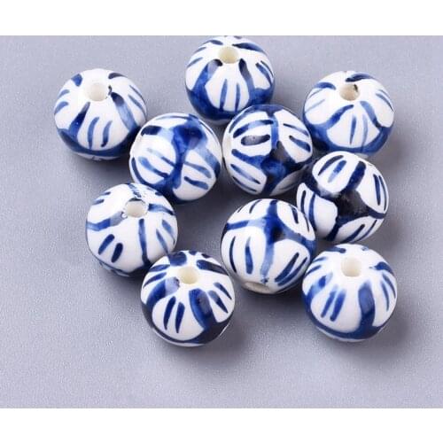 PandaHall 200pc 12/14mm Handmade Porcelain Ceramic Clay Hard Ball Jewelry Making DIY Sale Beads Blue and White Porcelain Round