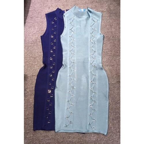 Drop Shipping! High neck Sleeveless Slim Bodycon Women HL Bandage Dress Party Dresses Blue