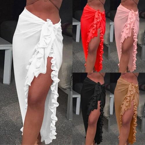80% HOT SALES！！！Women Solid Color Beach Long Skirt Ruffles Sarong Wrap Bikini Cover Up Swimsuit