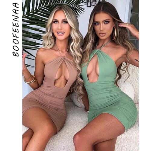 BOOFEENAA Sexy Hollow Cross Halter Top Bodycon Mini Dresses for Women Party Birthday Club Outfits Solid Color Sundress C83-BB18