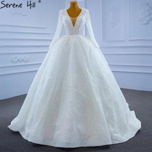Serene Hill White Muslim Luxury Wedding Dresses 2021 High-end Beaded Pearls Lace Up Bridal Dress HM67265 Custom Made