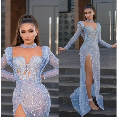 Blue Crystal Evening Gowns Beads O Neck Long Sleeve Beading Formal Prom Dress Sexy Side Split Red Carpet Runway Fashion Robe