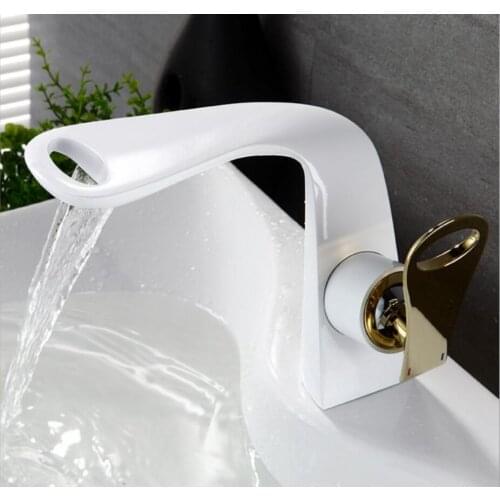 Bathroom Waterfall Basin Faucet White and Gold Finished Sink Mixer solid copper Hot and Cold Tap Sink Taps Basin Faucet