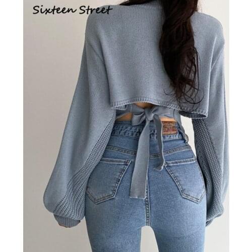 Sweater Women Korean Fashion Chic Autumn Winter Elegant V Neck Hollowed Bandage Loose Lantern Sleeve Fall Clothes for Women