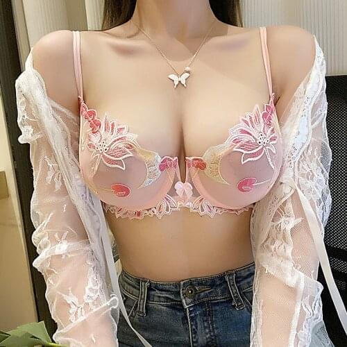 Ultra-thin lace embroidered bra and panty set for women plus size sexy underwear with steel ring A B C D cup