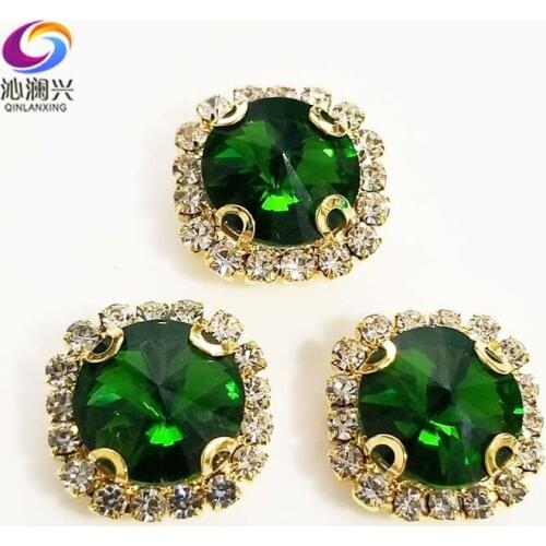 Grass green Round shape top glass crystal rhinestones with hole,golden bottom sew on stone for Diy Clothing accessories