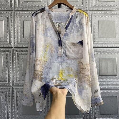 Beauty Love Printed Silk Blouse Collar Spring Summer Art style Loose Long-sleeved Fashion Print Top Silk Shirt Women
