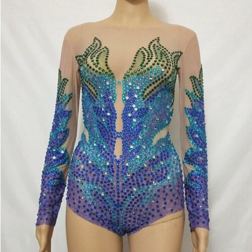 Female Dancer DJ Acrobatic Performance Crystal Bodysuit Stage Costume Elastic Long Sleeve See-through Mesh Rhinestones Bodysuits