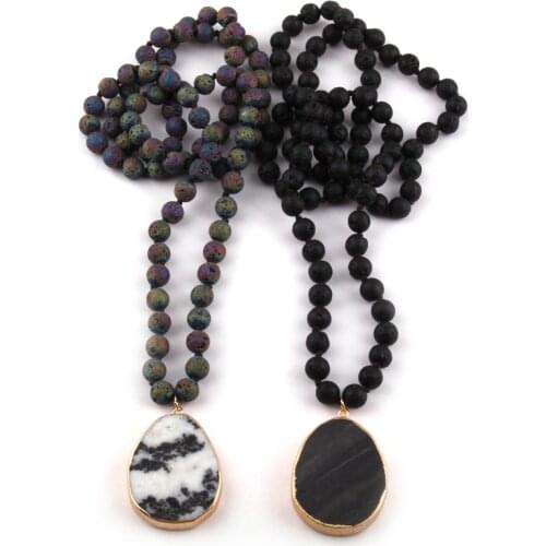 Free Shipping Fashion 8mm Lava Stone Knotted White Black Design Drop Stones Pendant Long Necklace For Women Lariat Necklaces