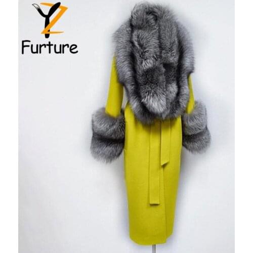 Womens Winter Cashmere Woolen Coat Silver Fox Fur Collar Belt 100cm Long Silver Fox Fur Cuffs For Girls Woolen Warm Coat NZ-080