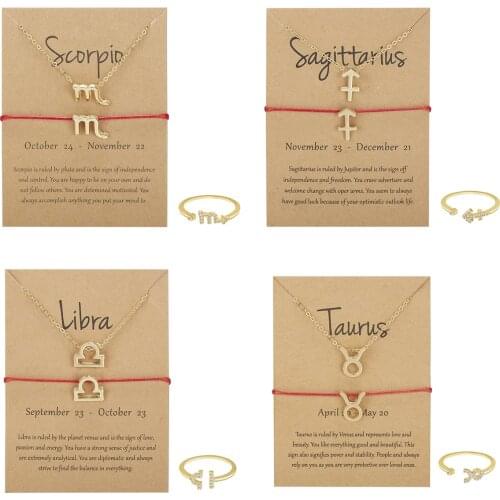 3Pcs/sets 12 Constellations Jewelry Set Gold Color Ring Pendant Red Rope Zodiac Sign Necklace Bracelet For Girls Fashion Anillos