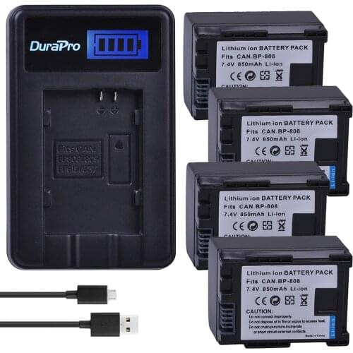 4PC 850mAH BP-808 BP 808 BP808 Camera Li-ion Battery +LCD USB charger for Canon BP 827 809 819 HFS30 HFM41 HFM400 FS300 FS1 FS22