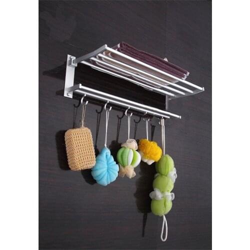 60CM Double Layer Bath Towel Bar Punch-Free Shower Holder Polished Bathroom Towel Rack Folding Movable Wall Organizer Hook