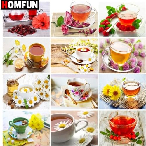 HOMFUN Diamond Painting Full Square/Round Diamond "Cup tea flower" Pattern Embroidery Cross Stitch 5D Rhinestone Painting