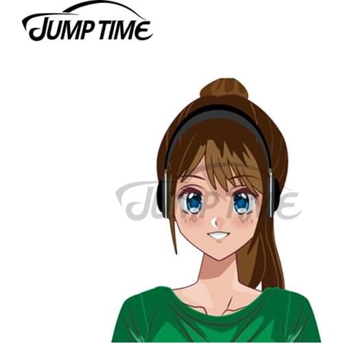 Jump Time 13x7cm For Anime girl listening to music Peeker Car Stickers Laptop Decal Sunscreen Waterproof Custom Print Decoration