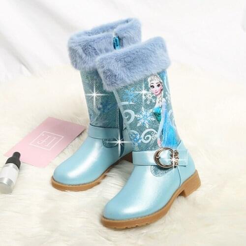 Disney New Elsa High Boots Girls Mid Heels Autumn And Winter Warm Children Sequins Snow Boot Frozen Boots