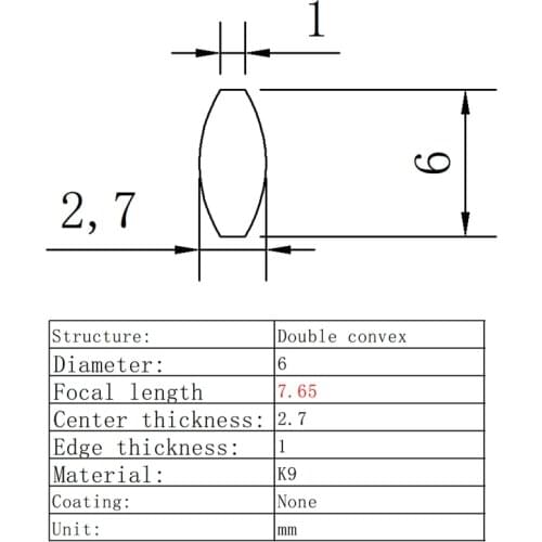 Double Convex Lens Diameter 6mm Focal Length 7.65mm K9 Glass Lens Optical Glass Optical Lens