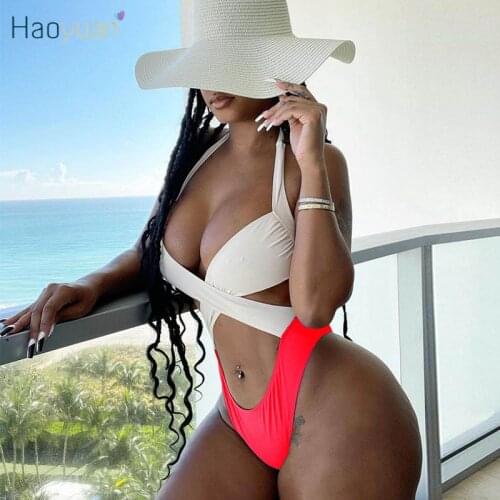 HAOYUAN Patchwork Bodycon Bodysuit Sexy Swimwear Summer Vacation Outfits for Women Beachwear Swimsuit One Piece Club Rompers