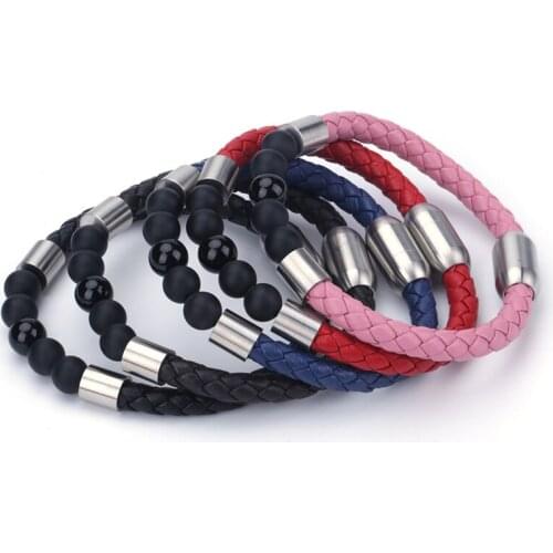 KEJIALAI Fashion 8mm Natural Matte Stone Bead Stainless Steel Charms Genuine Leather Person Make Unisex Bracelet Bangle B5007