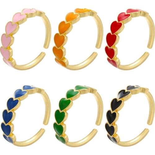 Multi-Color Heart Enamel Ring For Women, Dripping Oil Metal Opening Rings Wedding Jewelry