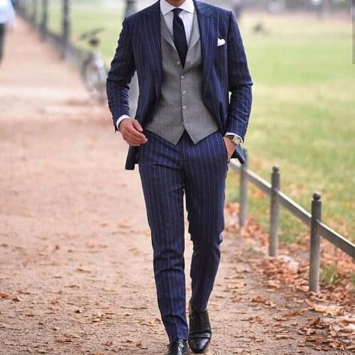 ANNIEBRITNEY Navy 3 Piece Slim Stripe Men Suit With Grey Waistcoat Cutsom Groom Wedding Tuxedo Prom Wedding Tailor Made Men Suit