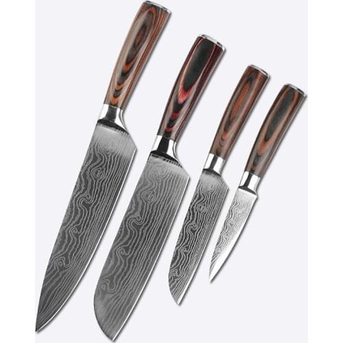 New Kitchen Knife Sets 4 PCS 3.5-8 Inch Laser Damascus Stainless Steel Chef Knife Japanese Santoku Cleaver Slicing Paring Knive