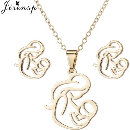 Jisensp Maternal Love Stainless Steel Jewelry Sets Simple Hollow Breastfeeding Pendant Necklace Wedding Jewelry for Women Gift