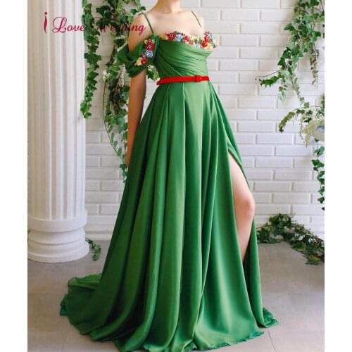 New Fashion 2020 Green Prom Dresses Long Sexy Spaghetti Straps Chiffon Ruched Side Slit Formal Long Prom Party Gowns