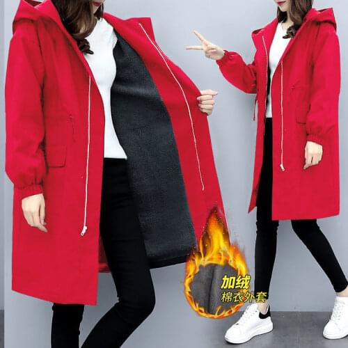 Autumn Winter Womens Windbreaker Coat New Plus Velvet Thick Hooded Jacket Female Warm Overcoat Plus Size Loose Women Tops C514