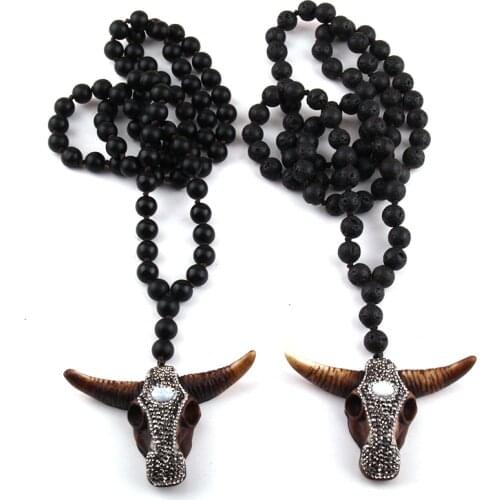 MOODPC Fashion Black Lava and Stones Long Knotted Handmade Paved Bull Head Pendant Necklace For Women