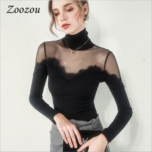 Sexy Net Yarn Lace Patchwork Women Blouses Autumn Turtleneck Office Lady Shirts Casual Basic Long Sleeve Solid Tops Big Size 3XL