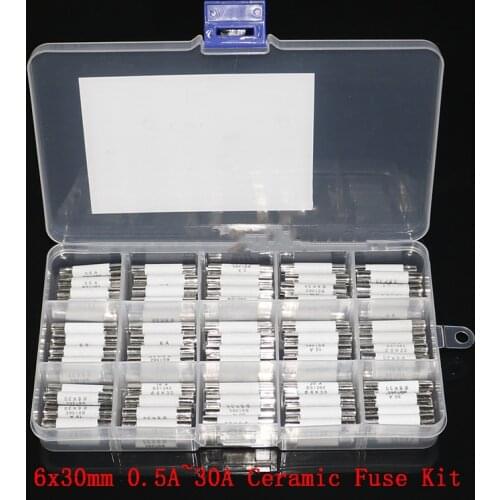 75pcs Ceramic Fuse 6mm x 30mm 0.5A 1A 2A 3A 4A 5A 6A 8A 10A 13A 15A 16A 20A 25A 30A Fuse Assortment Kit 6x30mm Insurance Tube
