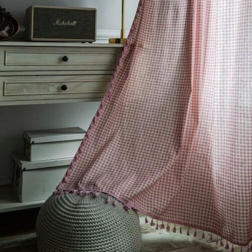 Pink Plaid Curtain With Tassel For Living Room Blinds French Windows Cotton Semi Blackout Finished Curtains