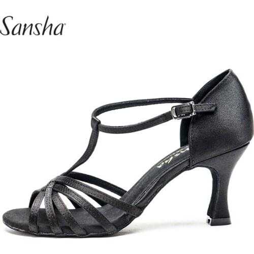 Sansha Women Satin Latin Dance Shoes 7.5CM Height Heel Black/Red Salsa Shoes Ballroom Dancing Shoes For Girls Ladies BR31028S