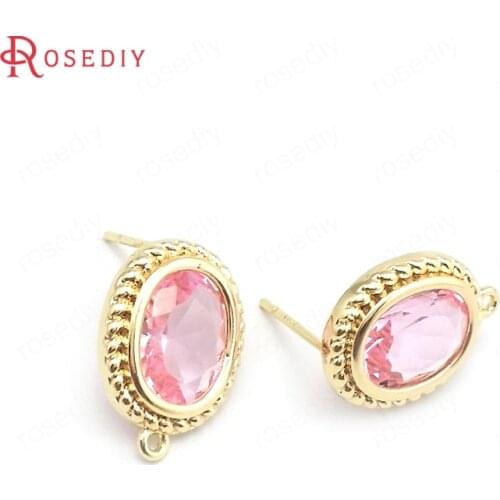 39487)4PCS 15x12MM 24K Gold Color Brass and Glass Oval Stud Earrings Pins Earrings Jewelry Making Supplies Diy Accessories