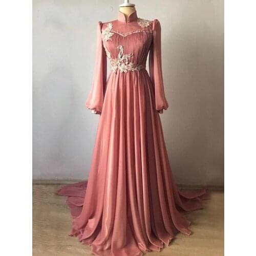 Coral Appliques Pleats Muslim Prom Dresses 2021 Long Sleeve Evening Gowns High Neck A Line Chiffon Formal Party Dress Robe