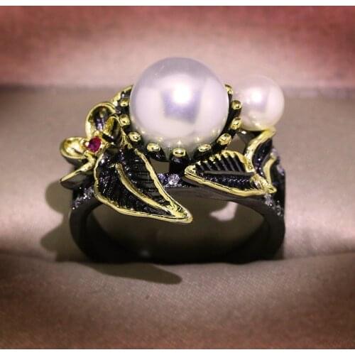 Retro Gothic style sterling silver natural freshwater pearl ring black style geometric ring cold wind all-match womens jewelry